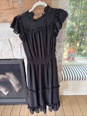 CeCe Black Ruffled Swiss Dot Midi Dress